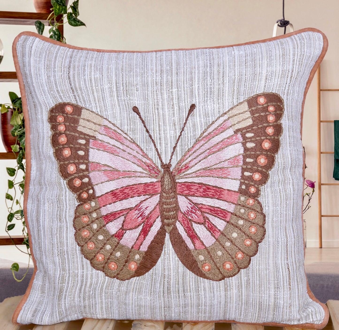 Papillon Rouge - 16 Inch Handmade Embroidered Butterfly Cushion Cover on Handwoven Cotton-Silk