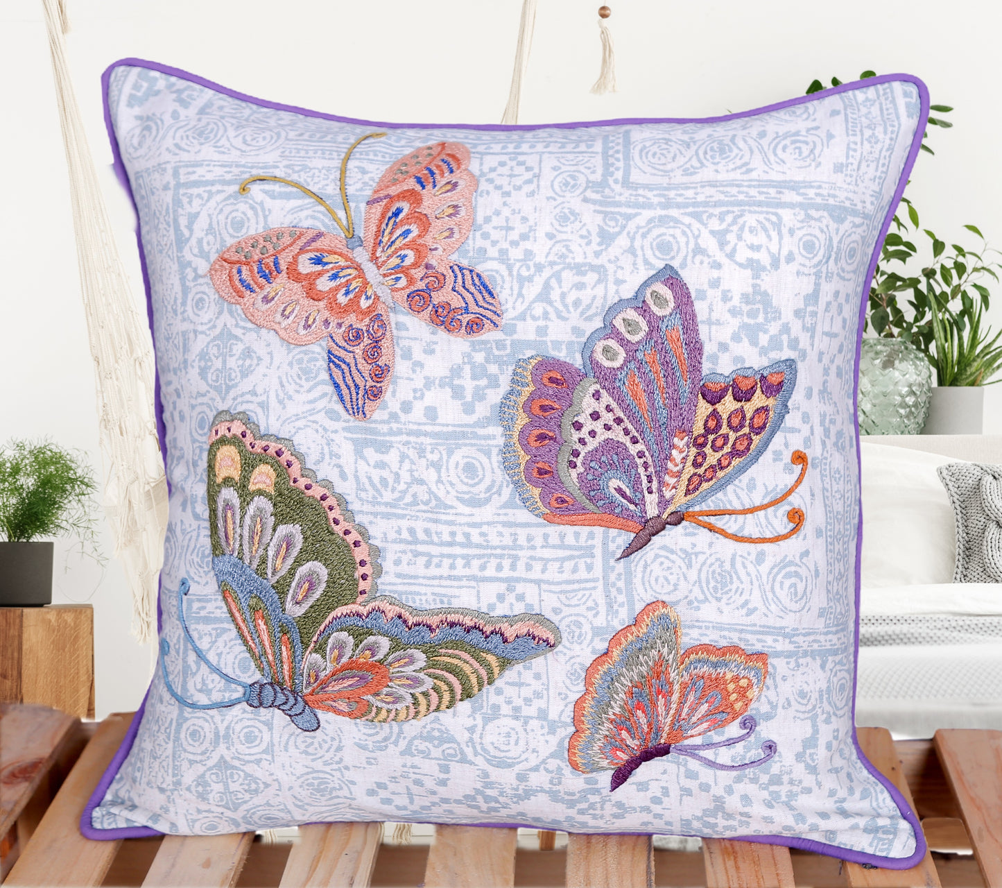 Flutterspell - Handmade Butterfly Embroidered Cushion Cover | 100% Cotton with Printed Base & Thread Embroidery