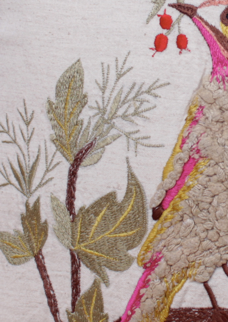 Blossoms - 16 x 16 inch Hand Embroidered Cotton Bird Cushion Cover