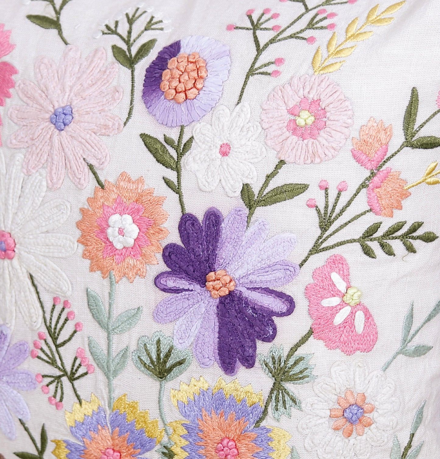 Wildflower Serenade - Handmade Floral Embroidered Cushion Cover | 100% Cotton with Appliqué & French Knots