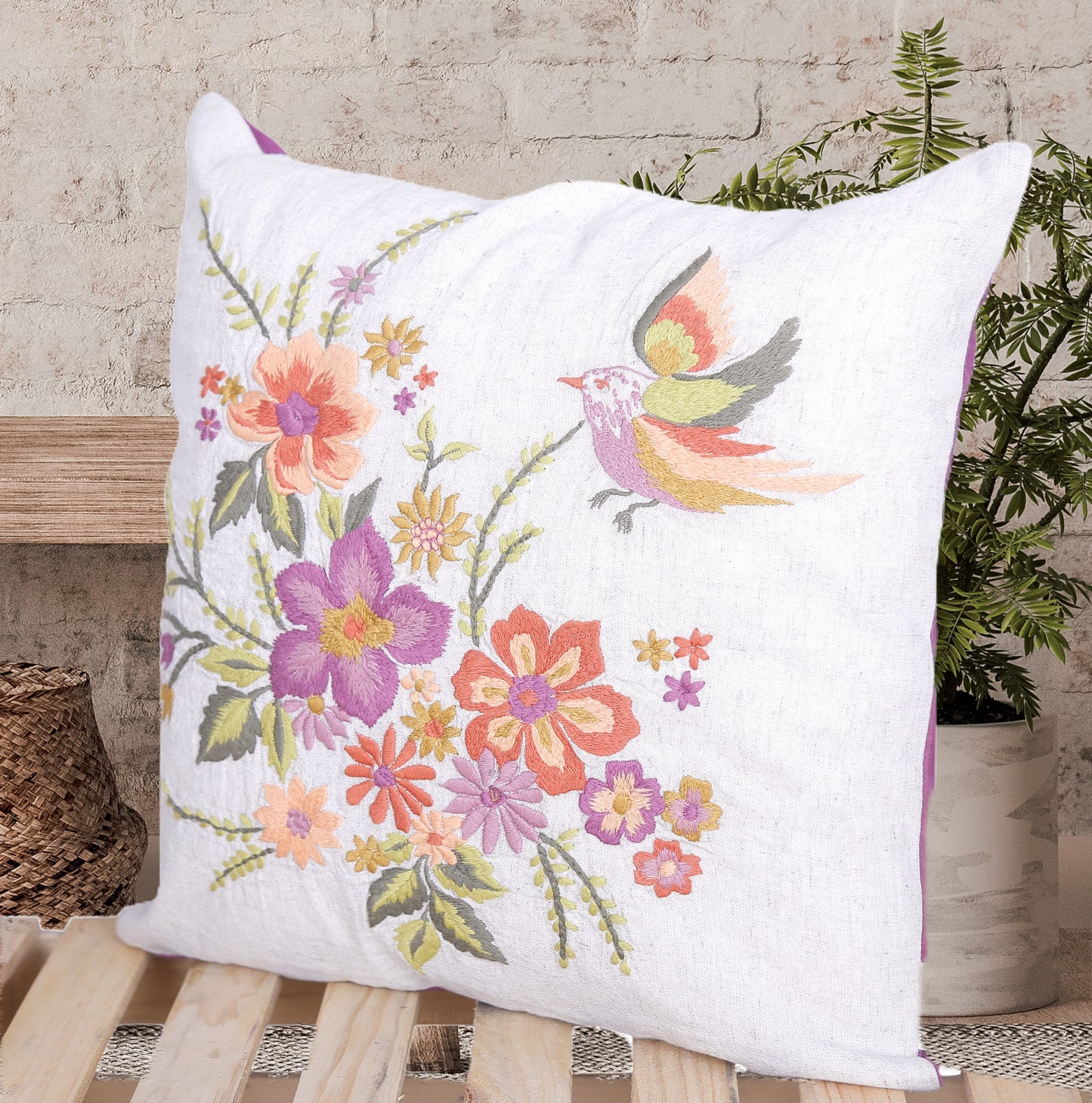 The Wildbird’s Offering – Hand-Embroidered Floral & Bird Cushion Cover (16x16”, Organic Cotton)