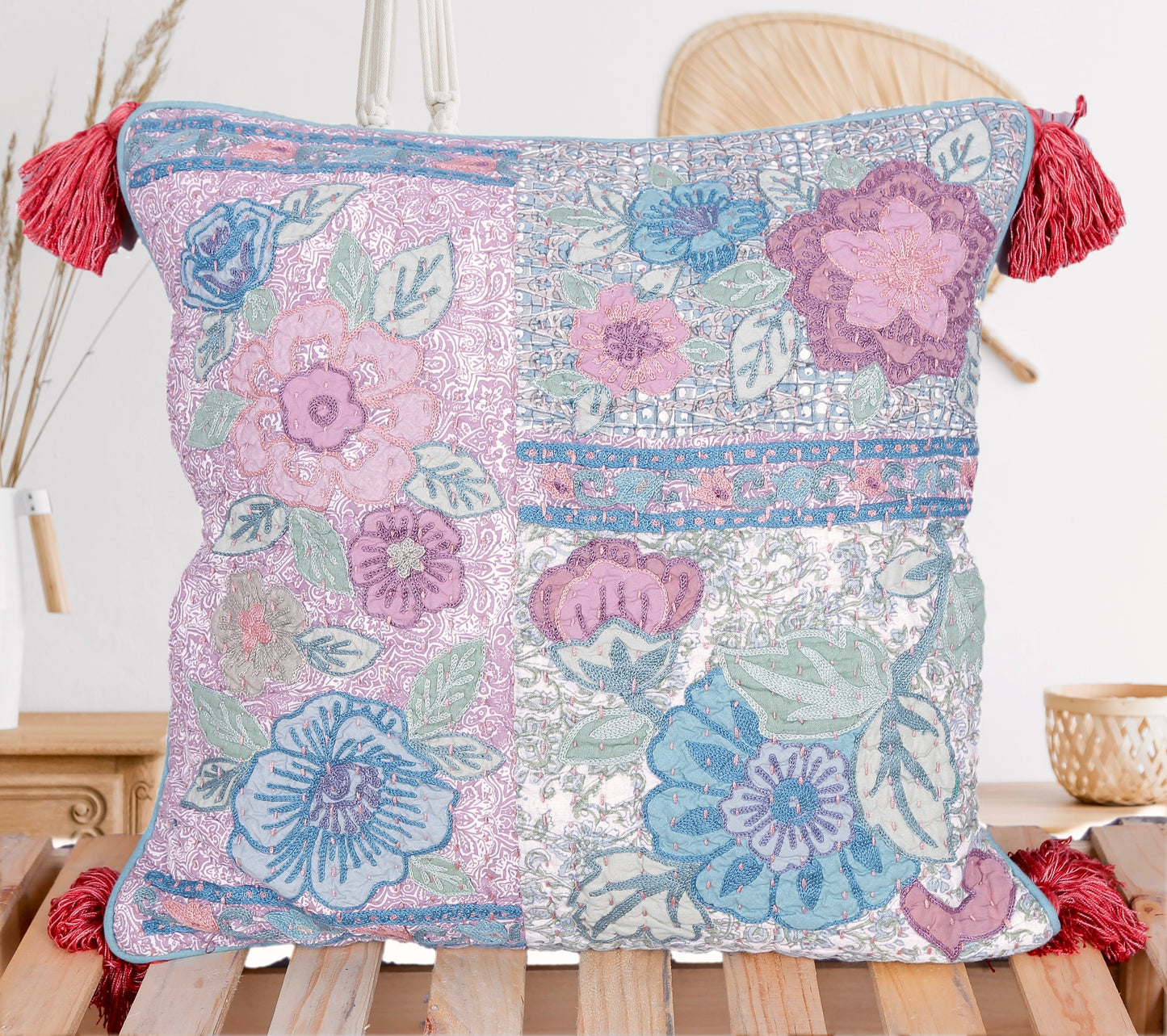 Heritage Gardenia - 16 Inch Hand-Quilted Appliqué Floral Cotton Cushion Cover