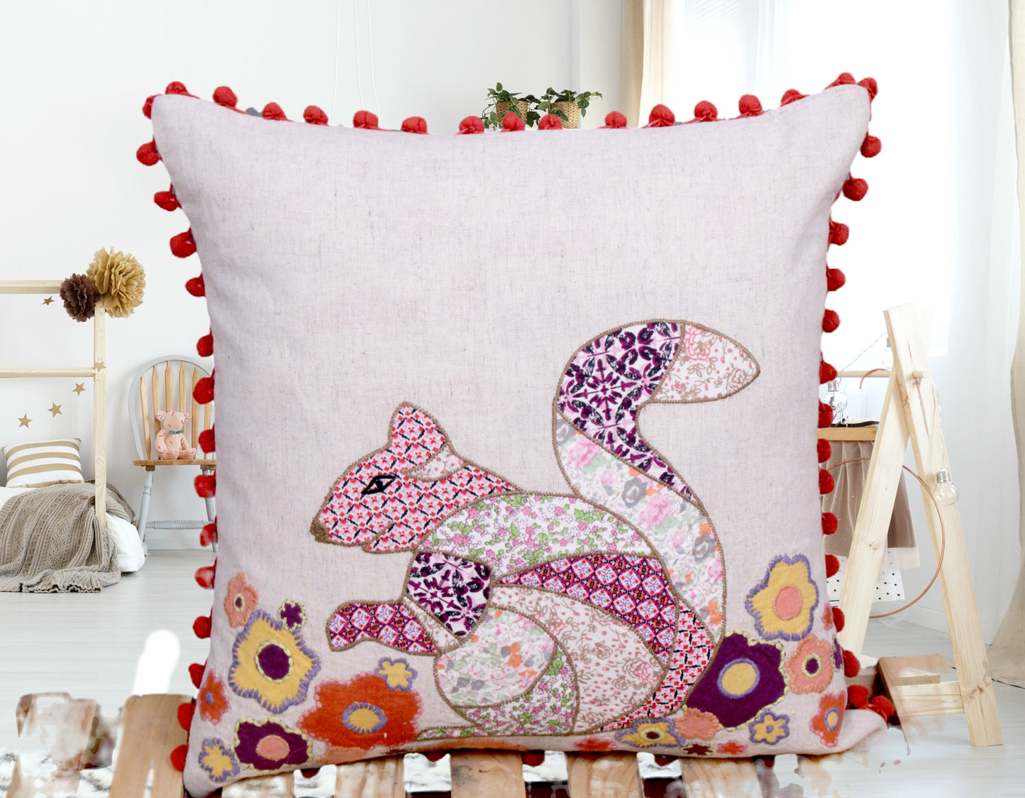 Merrill the Squirrel Appliqué Embroidered Handmade 100% Cotton Cushion Cover