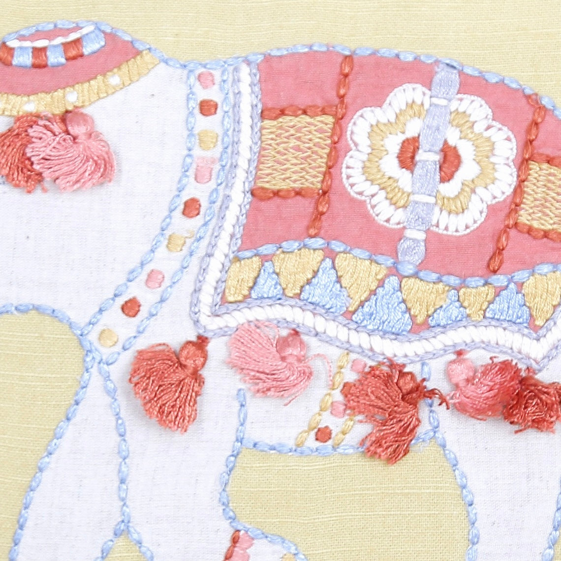 Tassel Trunk Hand-Embroidered Elephant Cushion Cover (16x16”, Silk Thread, 100% Cotton, Tassels)