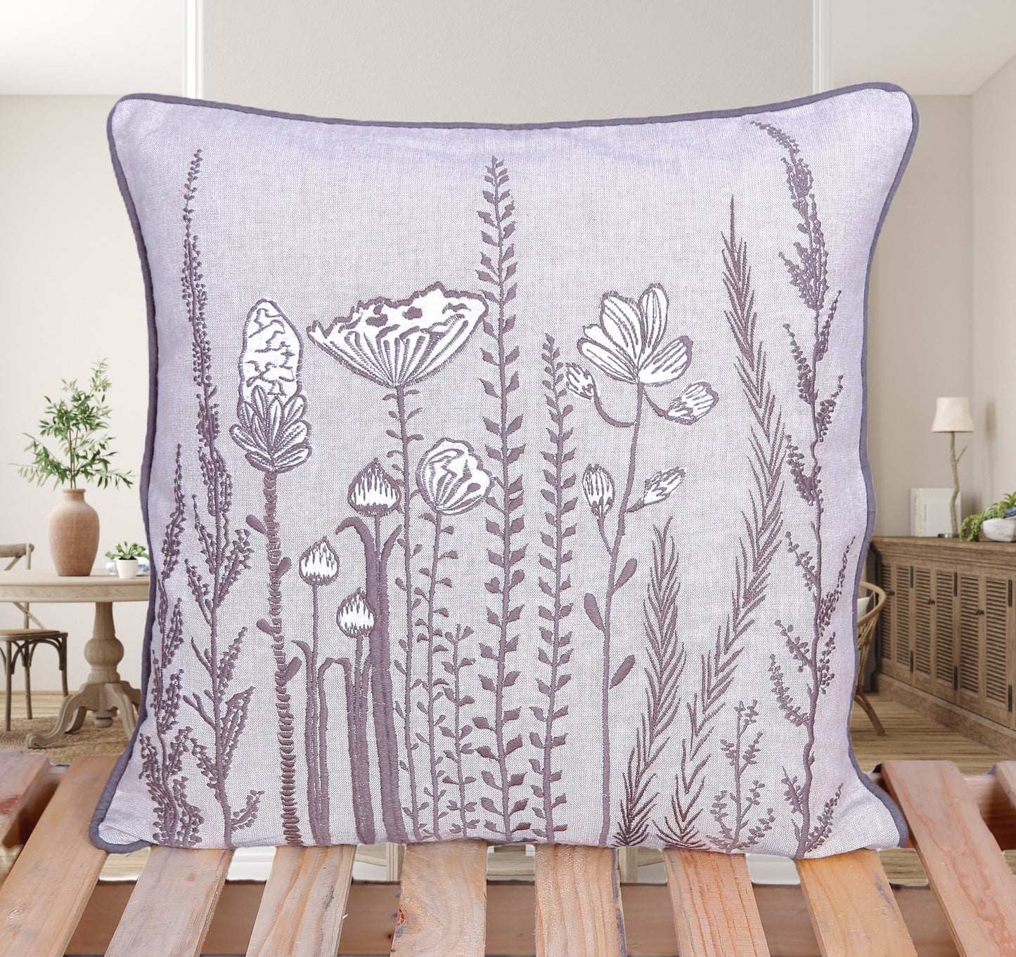 Hollow & Herb – Handmade Botanical Embroidered Cushion Cover | 100% Cotton with Thread Embroidery
