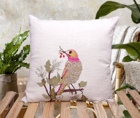 Blossoms - 16 x 16 inch Hand Embroidered Cotton Bird Cushion Cover
