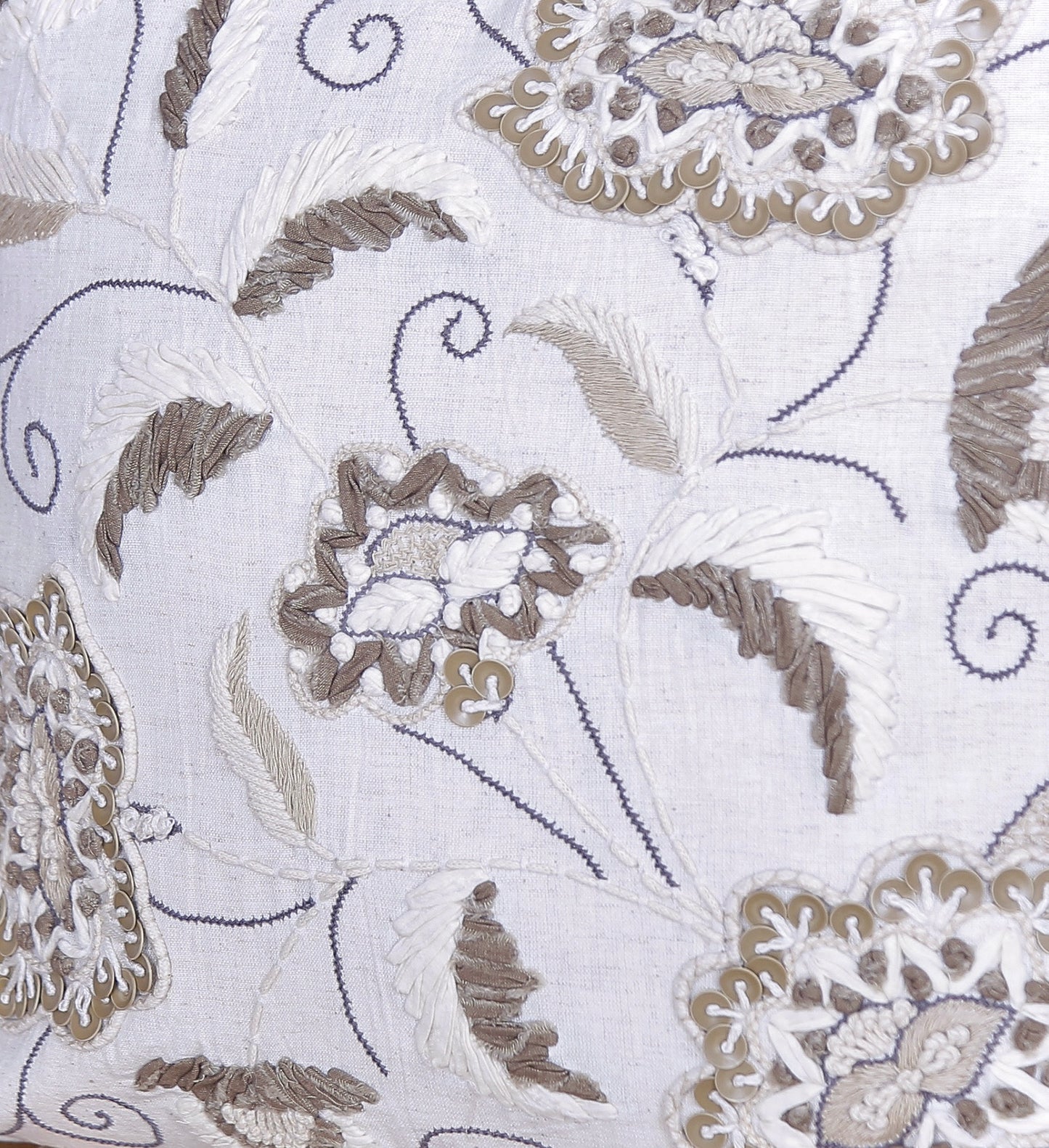 Ashwood Fern - 16 Inch Hand-Embroidered Cotton Cushion Cover with Aari, French Knots & Sequins