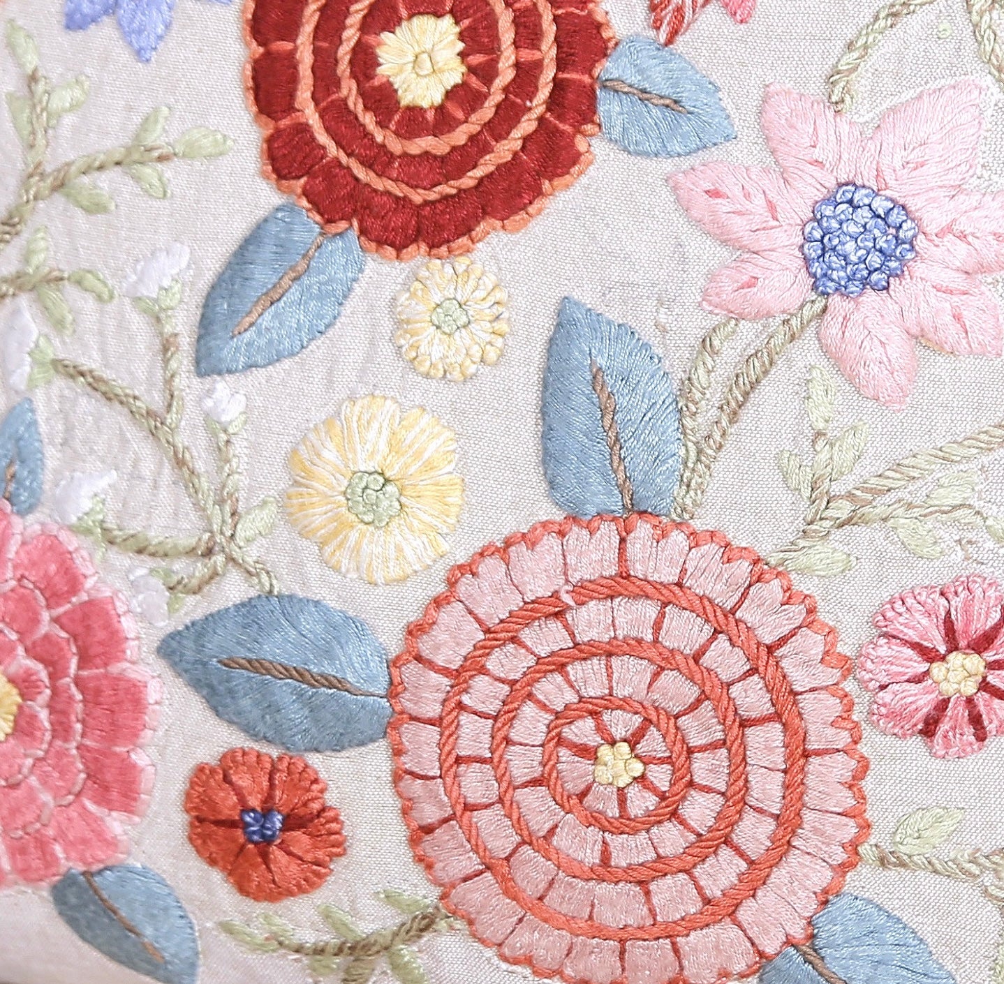 Bloomhaven – Hand-Embroidered Floral Cushion Cover (16x16”, Organic Cotton, Pastel Threadwork)