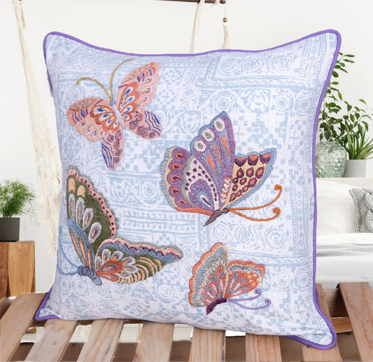 Flutterspell - Handmade Butterfly Embroidered Cushion Cover | 100% Cotton with Printed Base & Thread Embroidery