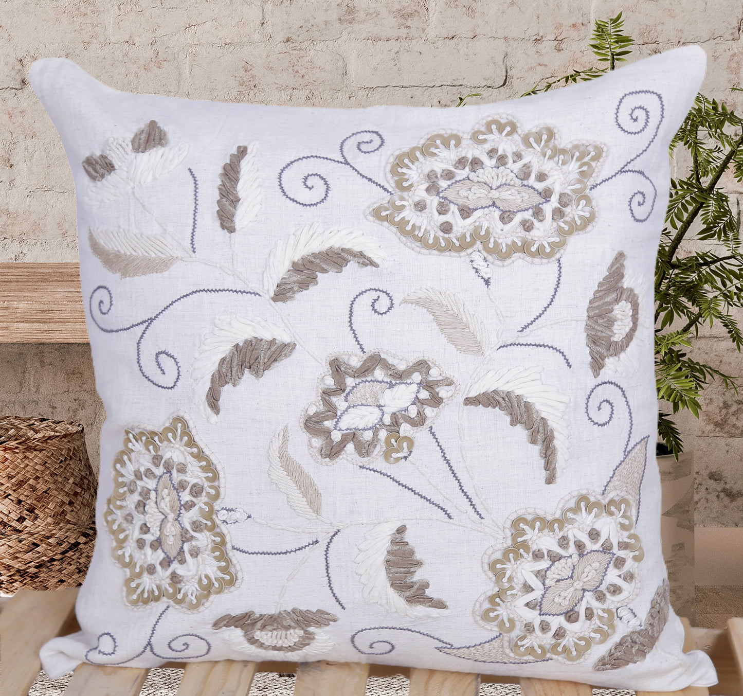 Ashwood Fern - 16 Inch Hand-Embroidered Cotton Cushion Cover with Aari, French Knots & Sequins