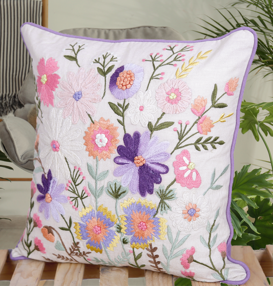 Wildflower Serenade - Handmade Floral Embroidered Cushion Cover | 100% Cotton with Appliqué & French Knots
