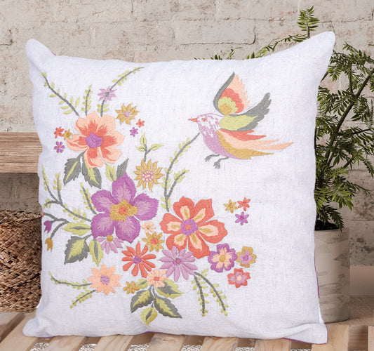 The Wildbird’s Offering – Hand-Embroidered Floral & Bird Cushion Cover (16x16”, Organic Cotton)