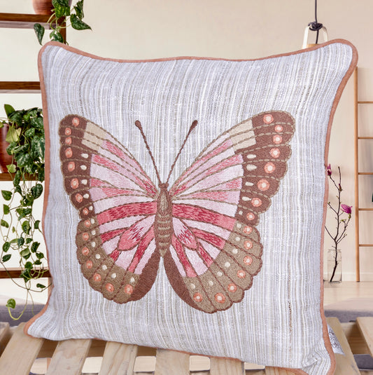 Papillon Rouge - 16 Inch Handmade Embroidered Butterfly Cushion Cover on Handwoven Cotton-Silk