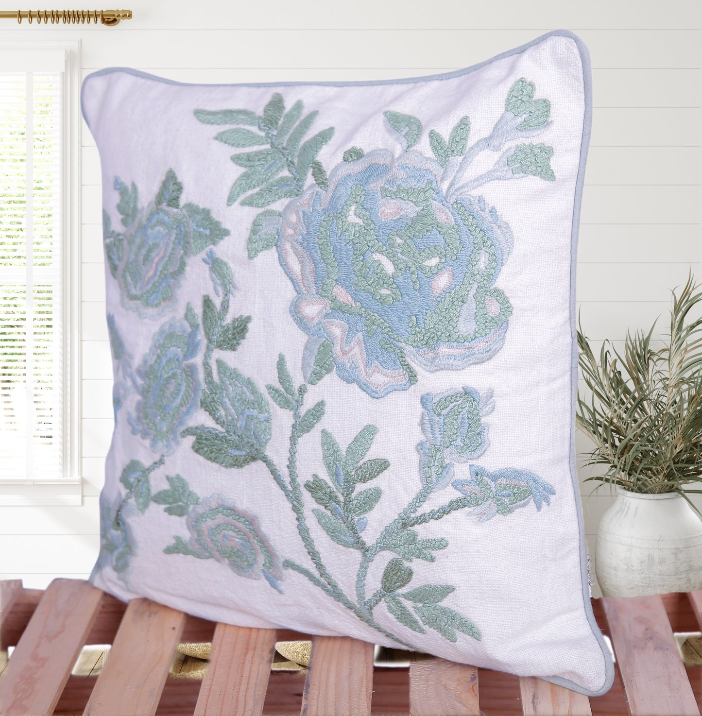 Fern & Frost - 16 Inch Hand-Embroidered Botanical Cushion Cover