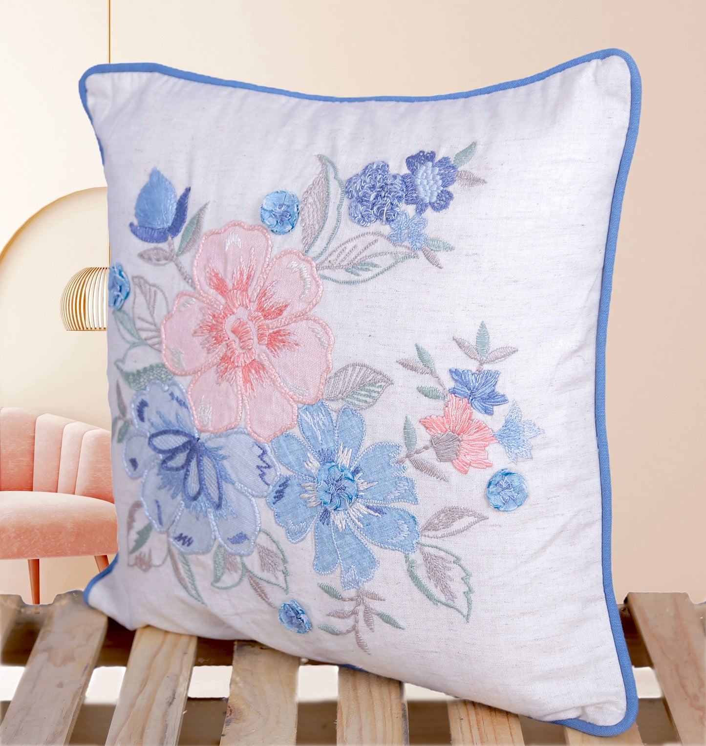 Bluebell Serenade - 16 Inch Hand-Embroidered Floral Cushion Cover with Silk Thread, Ribbon & Appliqué
