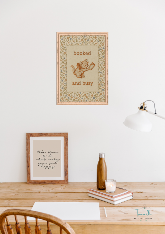 (Pre-Order Available) ‘Booked and Busy’ Embroidery Linen Cotton Wall Art Wooden Frame