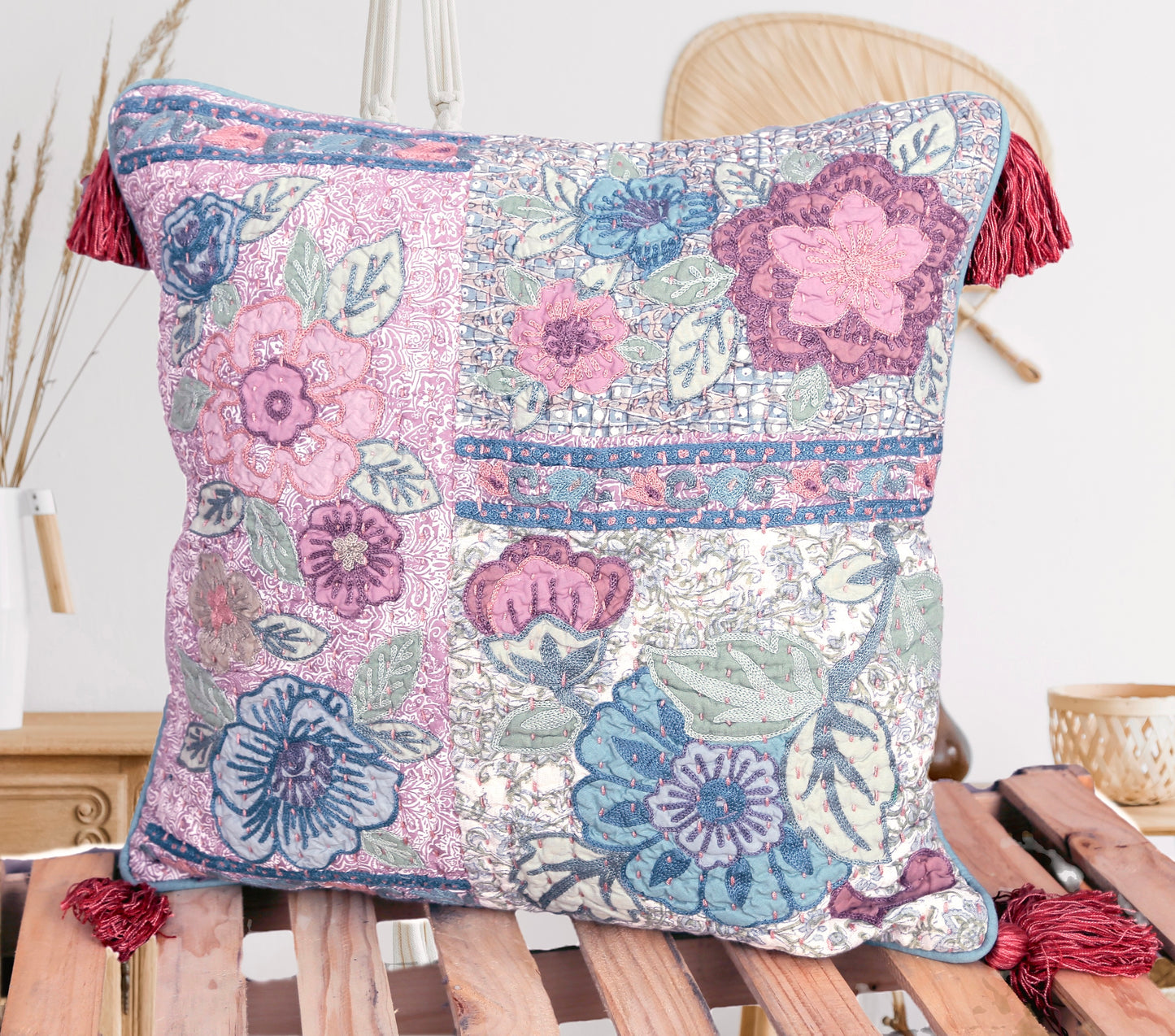 Heritage Gardenia - 16 Inch Hand-Quilted Appliqué Floral Cotton Cushion Cover