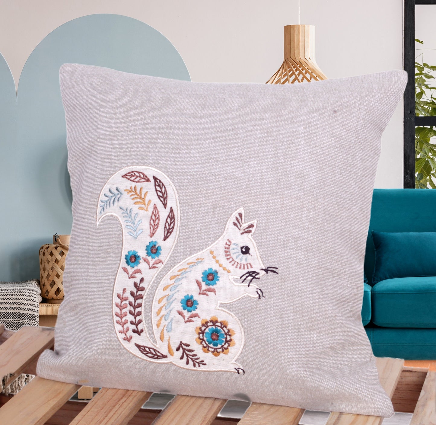 THEODORE Handcrafted Embroidered Cotton Squirrel Cushion Cover – 12”x12”