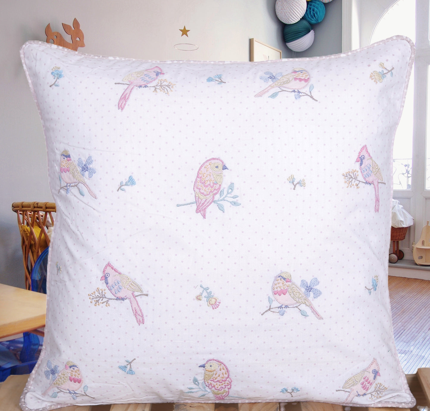 Meadow Chorus - 16 Inch Hand-Embroidered Bird & Floral Cushion Cover