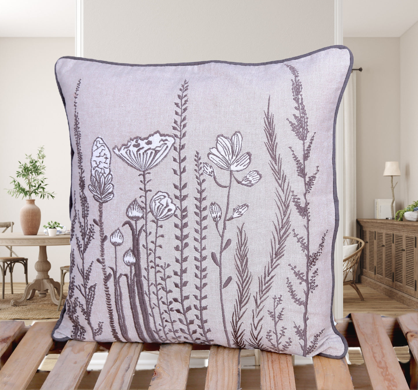 Hollow & Herb – Handmade Botanical Embroidered Cushion Cover | 100% Cotton with Thread Embroidery