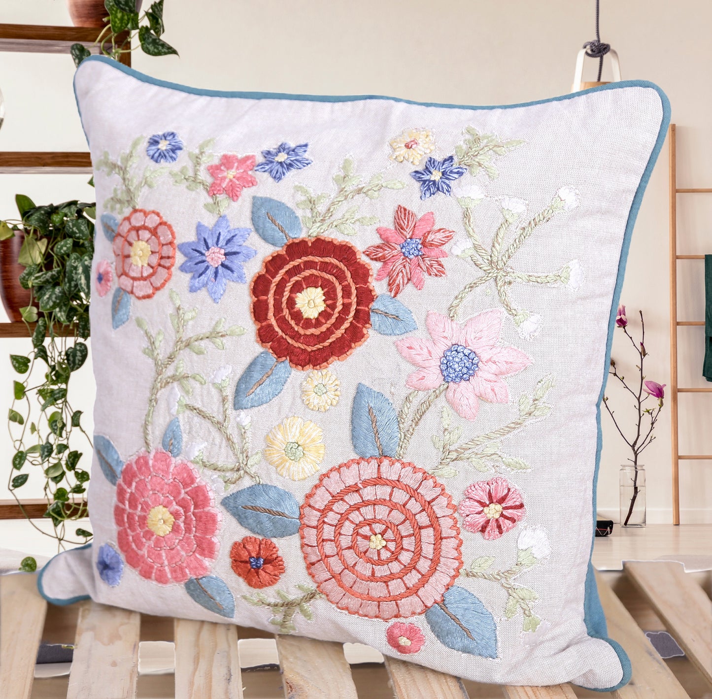 Bloomhaven – Hand-Embroidered Floral Cushion Cover (16x16”, Organic Cotton, Pastel Threadwork)