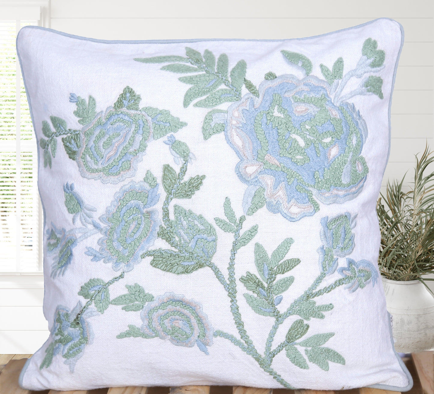 Fern & Frost - 16 Inch Hand-Embroidered Botanical Cushion Cover