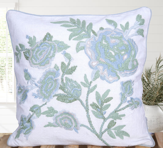 Fern & Frost - 16 Inch Hand-Embroidered Botanical Cushion Cover