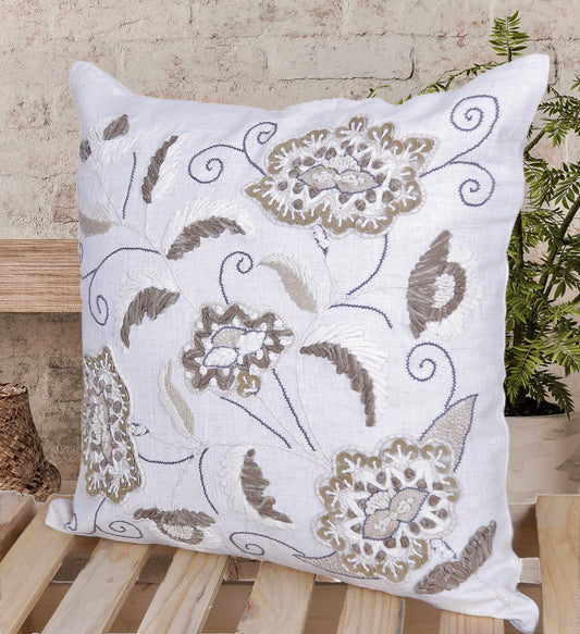 Ashwood Fern - 16 Inch Hand-Embroidered Cotton Cushion Cover with Aari, French Knots & Sequins