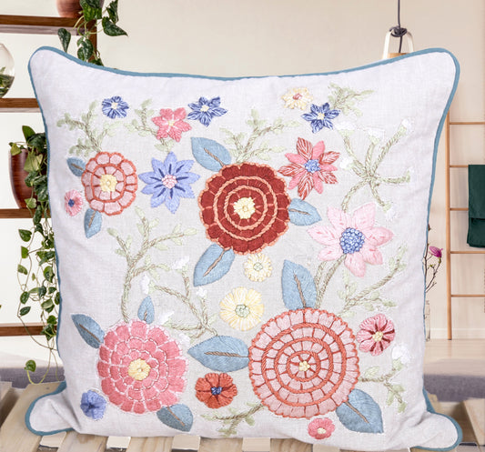 Bloomhaven – Hand-Embroidered Floral Cushion Cover (16x16”, Organic Cotton, Pastel Threadwork)