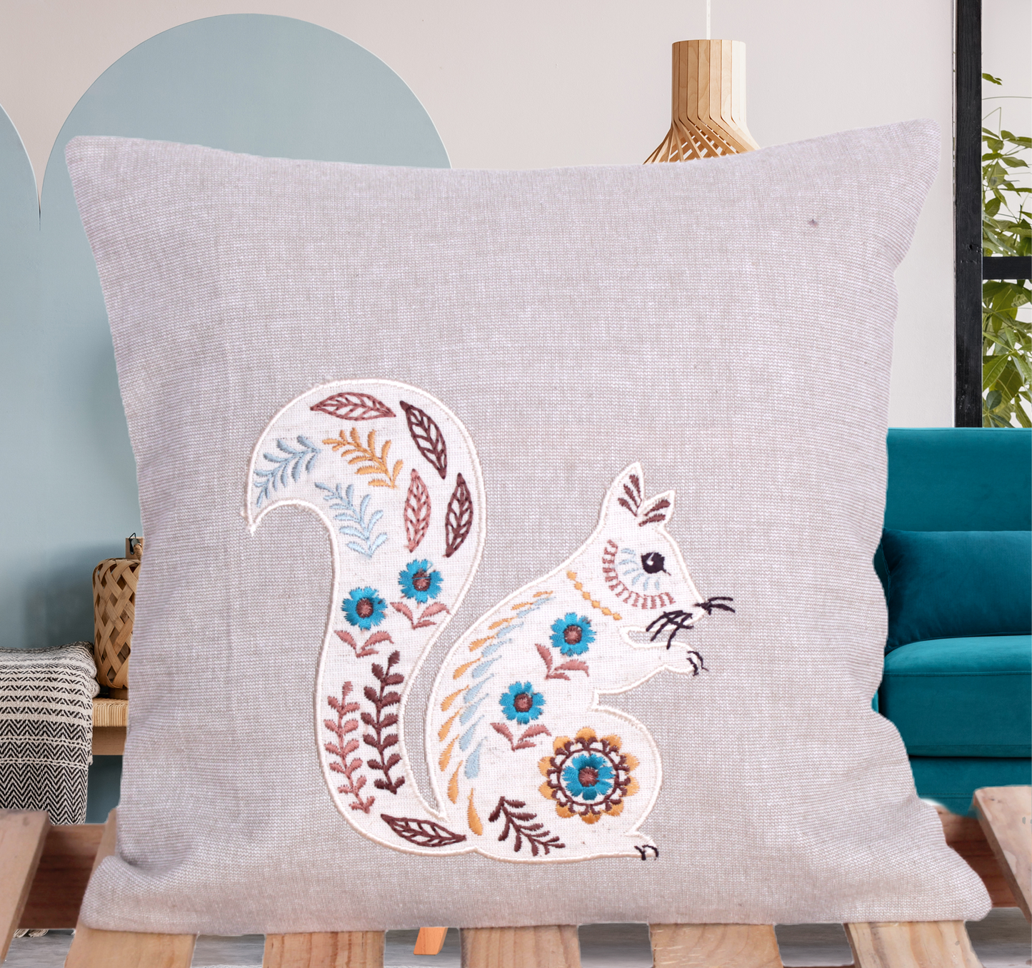 THEODORE Handcrafted Embroidered Cotton Squirrel Cushion Cover – 12”x12”