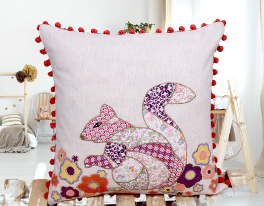 Merrill the Squirrel Appliqué Embroidered Handmade 100% Cotton Cushion Cover
