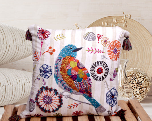Kantha Tori - 16 x 16 inch Woven Cotton Hand Embroidered Cushion Cover