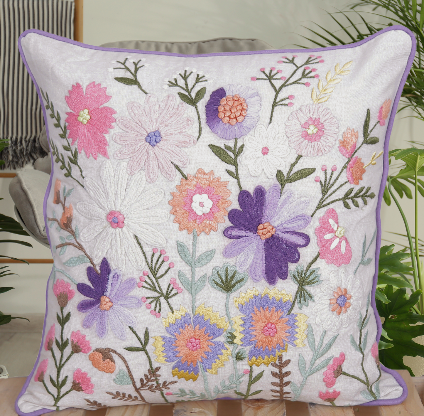 Wildflower Serenade - Handmade Floral Embroidered Cushion Cover | 100% Cotton with Appliqué & French Knots