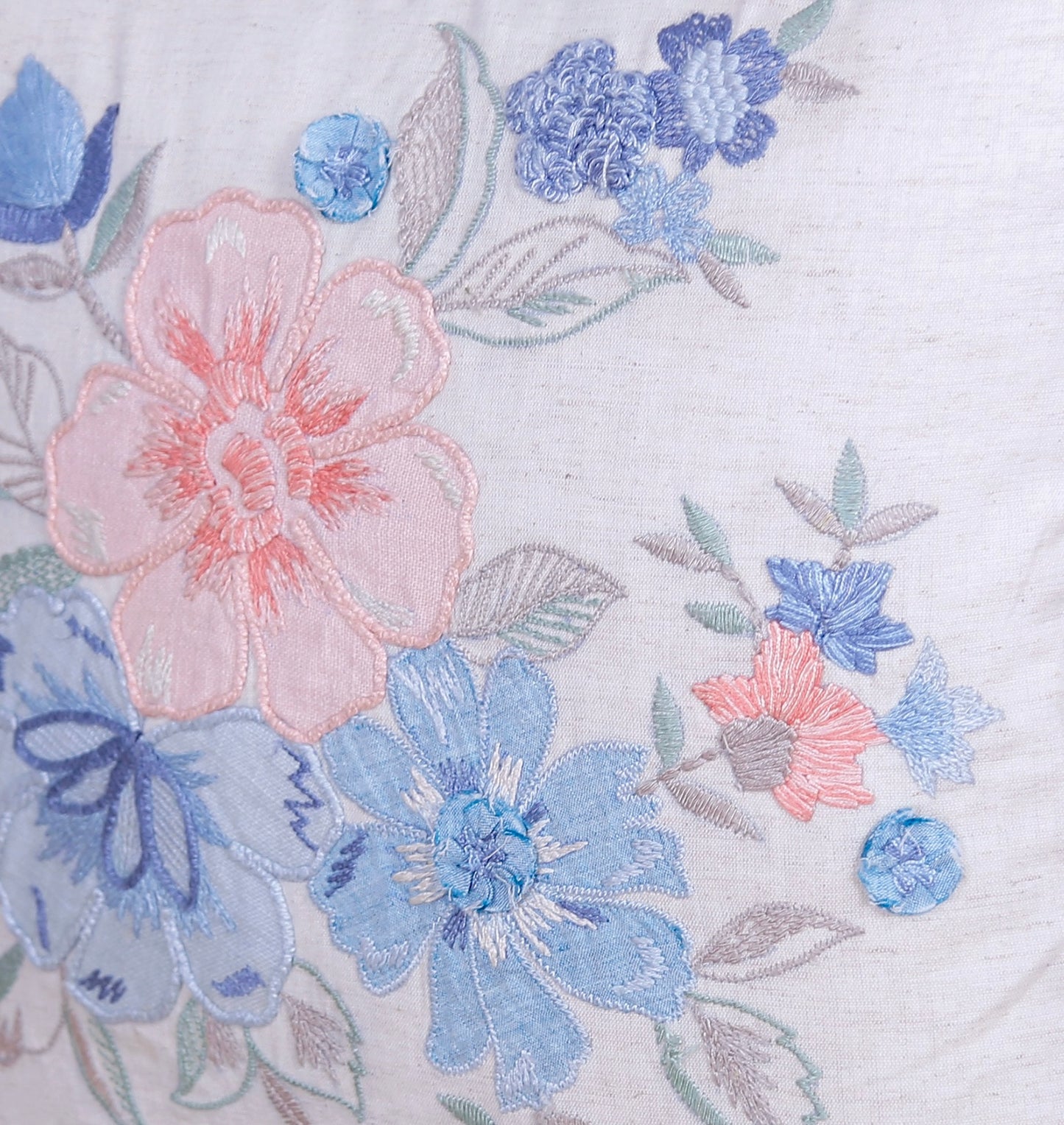 Bluebell Serenade - 16 Inch Hand-Embroidered Floral Cushion Cover with Silk Thread, Ribbon & Appliqué