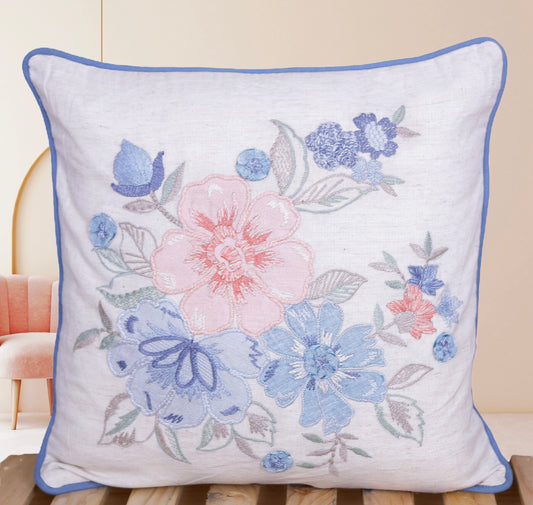 Bluebell Serenade - 16 Inch Hand-Embroidered Floral Cushion Cover with Silk Thread, Ribbon & Appliqué