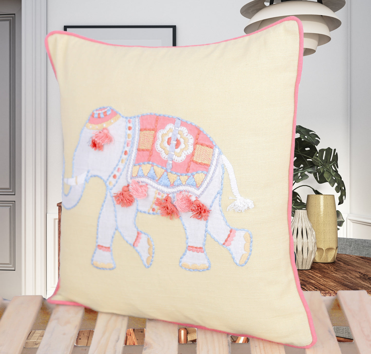 Tassel Trunk Hand-Embroidered Elephant Cushion Cover (16x16”, Silk Thread, 100% Cotton, Tassels)