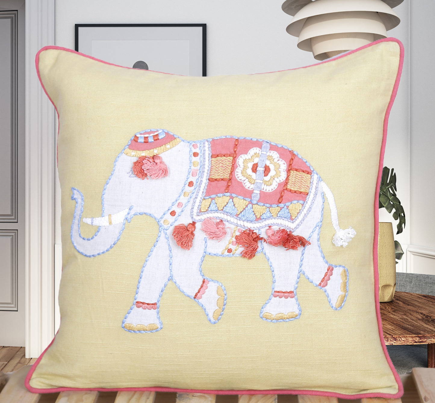 Tassel Trunk Hand-Embroidered Elephant Cushion Cover (16x16”, Silk Thread, 100% Cotton, Tassels)