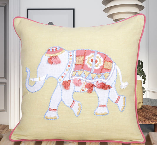 Tassel Trunk Hand-Embroidered Elephant Cushion Cover (16x16”, Silk Thread, 100% Cotton, Tassels)